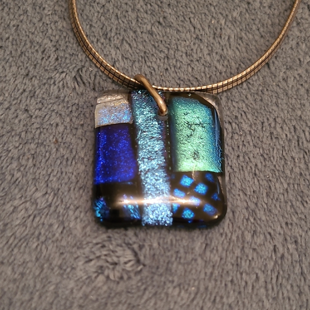 Gorgeous Dichroic Blue and Green Glass Pendant On Silvertone Snake Chain